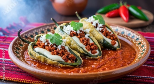 Roasted poblano peppers stuffed with meat and cheese Cino de Mayo