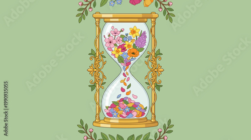 A vintage hourglass filled with colorful flowers instead of sand. Petals fall, symbolizing time, spring, and fleeting beauty. Vector illustration for cards, posters.