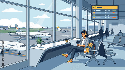 Woman traveler working on laptop in airport lounge. Flat vector illustration for business travel, remote work, or digital nomad lifestyle concepts.