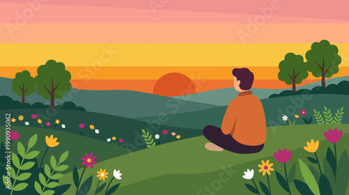 A man sitting on a green hill watching the sunset. A peaceful landscape for mindfulness, meditation, and relaxation concepts. Vector illustration.
