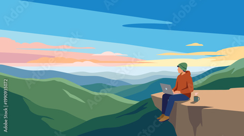A freelancer works remotely on a laptop, sitting on a mountain cliff at sunrise. Vector for digital nomad lifestyle, freedom, and work-life balance concepts.