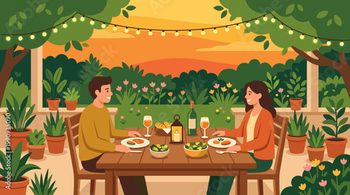 A young couple enjoys a romantic dinner on a cozy patio at sunset. Vector illustration of people eating, drinking wine, and celebrating in a beautiful garden.
