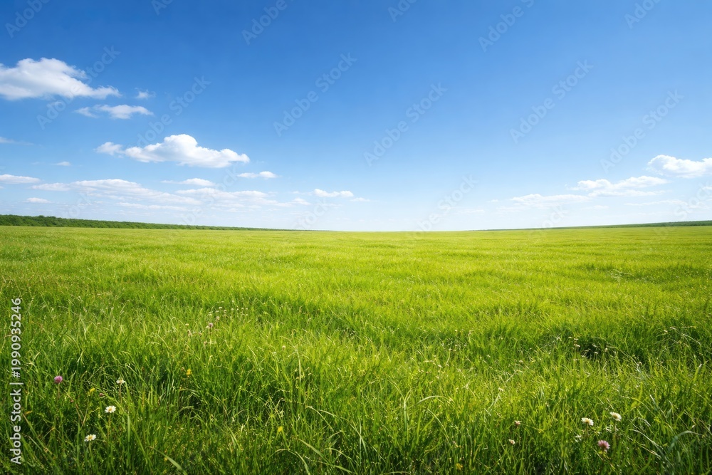 Fototapeta premium Vibrant green meadow beneath serene azure sky perfect for copy space