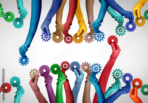 Business Group Exchange as members or employees from two team groups Joining and filling in the gaps as individuals join a chain of workers or employees connected together as diverse hands holding gea