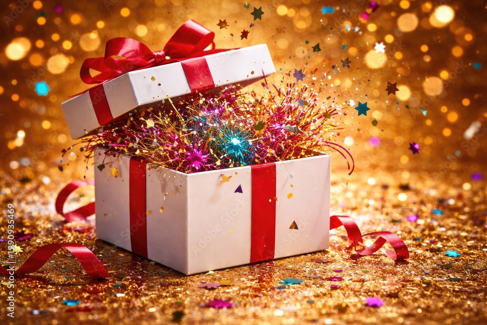 Fototapeta premium Festive celebration backdrop with open white gift box filled with colorful tinsel and confetti on a gold surface