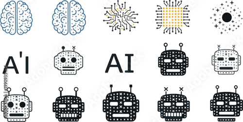 Artificial intelligence and machine learning icon set featuring robot heads and digital brain concepts.