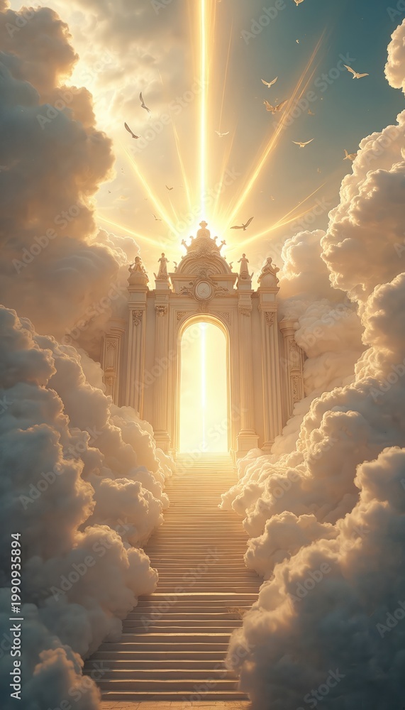 Fototapeta premium Majestic white gate stands in clouds with bright sunbeam from above. Stairs lead up to portal. Birds fly in sky. Divine heavenly entrance beckons.