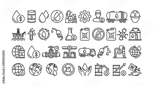Set of 30 outline icons related to fuel drop, oil . Linear icon collection. Editable stroke. Vector illustration
