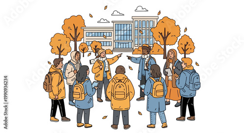 group of students with backpacks standing outside school building in autumn
