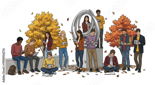 Diverse group of young people illustration with autumn trees and leaves