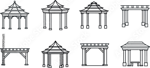 Collection of architectural gazebo and pergola line art icons for garden landscape design.
