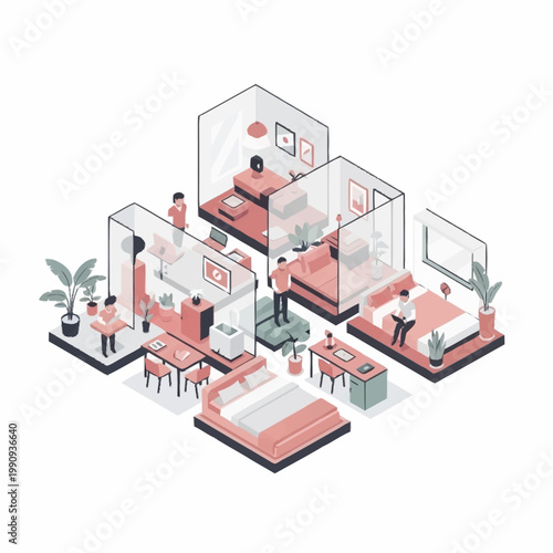 Isometric illustration of modern apartment interior design with people.