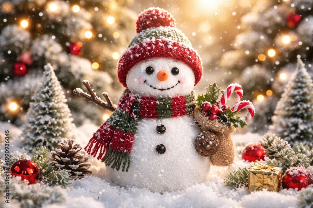 Fototapeta premium Charming snowman decoration placed on a bright holiday backdrop