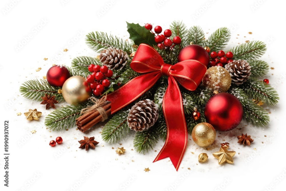 Fototapeta premium Traditional Christmas decorations arranged on plain white backdrop
