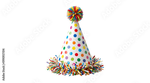 Colorful polka dot party hat with pompom and fringe isolated PNG, fun celebration headwear for birthday or festive event on transparent background
