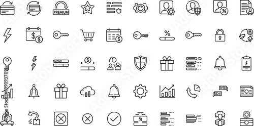 Business finance and user account outline icon set with payments security premium services and digital transaction symbols for applications