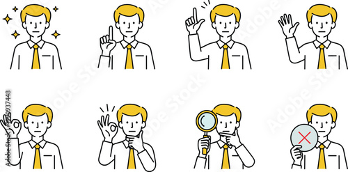Business Man Gesture and Expression Set Showing Idea Approval Thinking Search and Disagreement Flat Vector Illustration