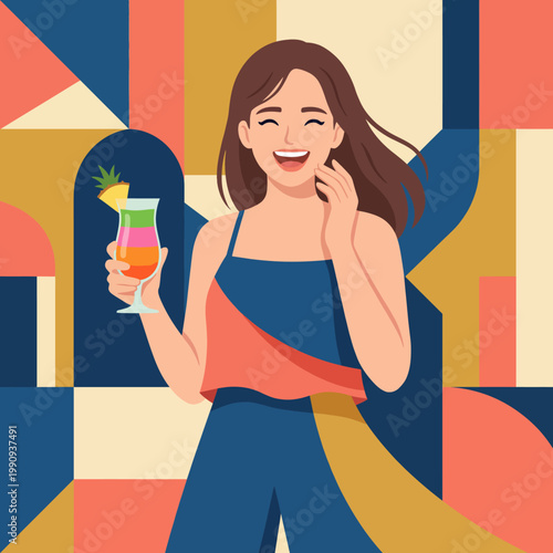 A cheerful young woman holds a vibrant cocktail, radiating joy and relaxation against a backdrop of colorful geometric shapes reflecting a carefree summer vibe.