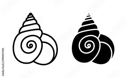 Spiral Seashell Outline and Solid Black Silhouette Icon Set
