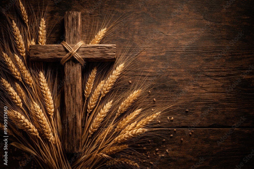 Fototapeta premium Rustic wooden cross enclosed by ripe wheat stalks over a dark wood textured backdrop with copy space