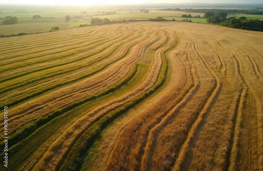 Fototapeta premium Golden rows of mown grass stretch across rural landscape under hazy sun. Land prepared for haymaking, showing patterns of harvested crop, green fields. View highlights agricultural activity in