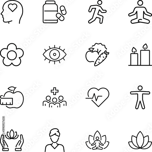 health wellness fitness yoga meditation icons set, pill, runner, yoga, apple, heart, candle, lotus