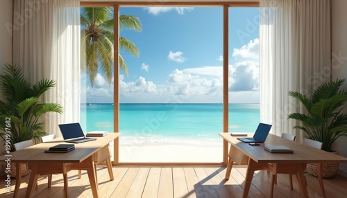 Bright room with desks and laptops faces tropical beach ocean view. Palm trees sway under blue sky. Indoor plants add natural decor. This is remote work paradise.