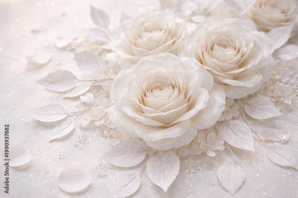 Fototapeta premium Shimmering white rose paper cutouts perfect for holiday cards and wedding invites