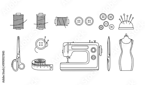 Minimal Sewing Equipment Outline Icons Set with Craft Tools Buttons Threads Scissors and Measuring Tape Vector Design