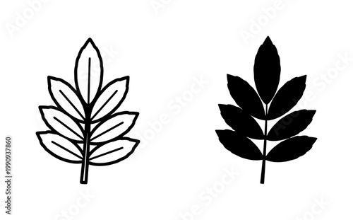 Rowan leaf outline and black silhouette vector icons