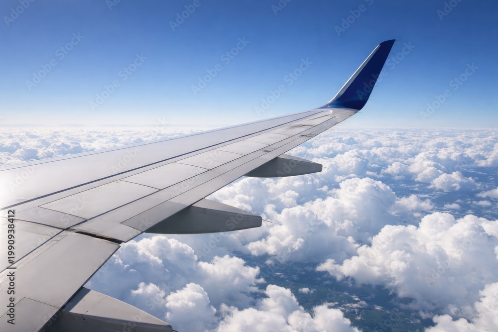 Fototapeta premium Jet wing floating over pristine cloud layers in clear sky