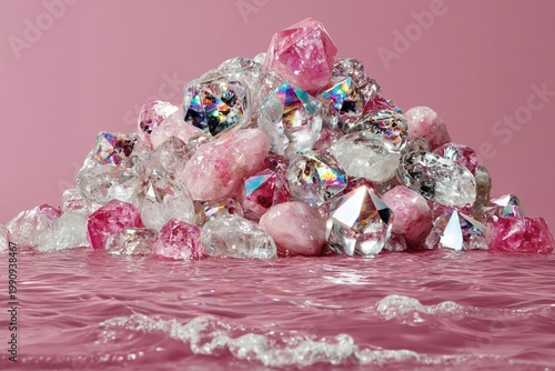 sparkling pink crystals and diamonds piled on a glossy surface with luxury shine and elegant glamour against a soft background