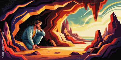 Thoughtful man crouching in a glowing desert cave, surreal landscape illustration with canyon rocks, sunlight, and introspective mood