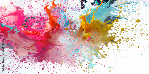 Abstract watercolor background with colorful paint splashes and grunge ink splatter texture on paper featuring artistic brush strokes and pink stains in a vector pattern.