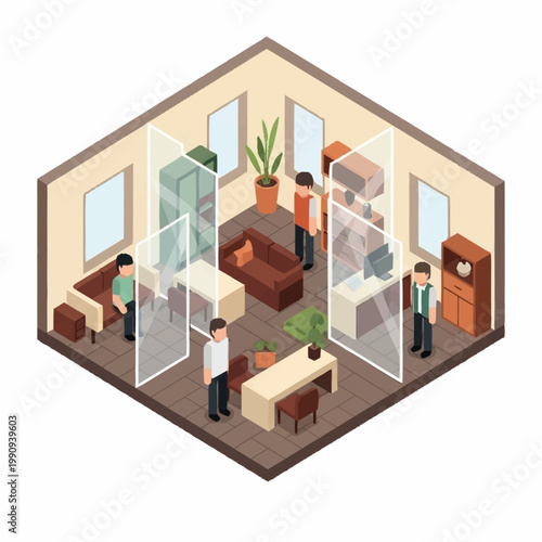 Office interior with social distancing barriers and people.