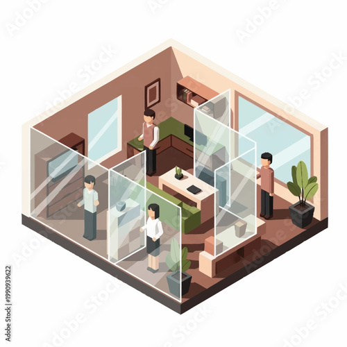 Office interior with social distancing barriers and people.