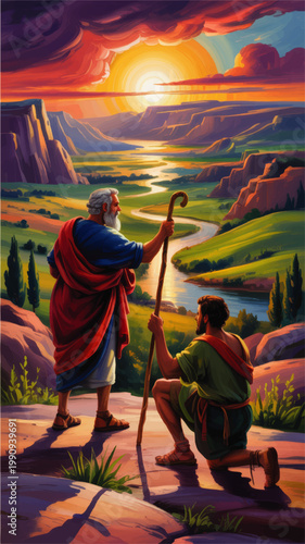Biblical journey through canyon valley at radiant sunset, prophet and disciple with staffs overlooking winding river landscape
