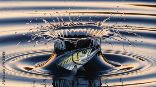 Leaping silver fish and dramatic water splash at sunset, dynamic marine wildlife illustration with ripples and reflective blue surface