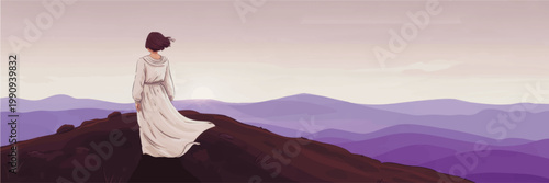 Dreamy woman in flowing white dress standing on mountain ridge at sunrise, pastel landscape illustration with serene horizon