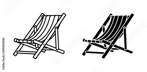 Beach Deck Chair Icon Set in Outline and Solid Style