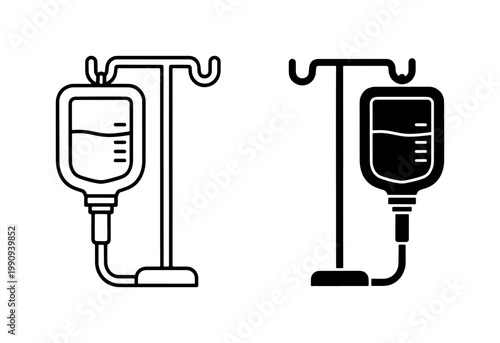 Medical IV Drip Bag and Stand Line Icon Set