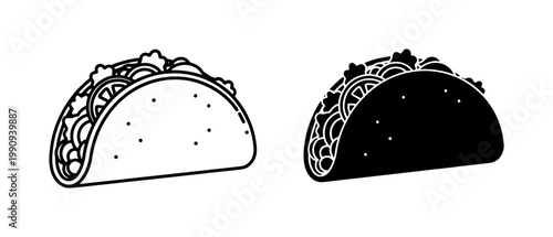 Mexican Taco Line Art and Silhouette Icon Set