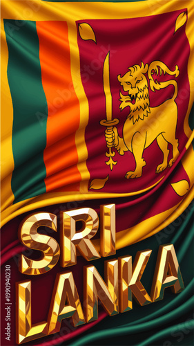 Sri Lanka Flag with Golden Lion and Sword, Waving National Banner Illustration in Rich Red, Orange and Green Colors