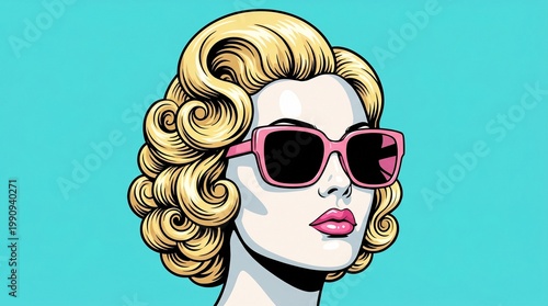 A pop art illustration of a woman with blonde, curly hair and pink sunglasses, set against a teal background. The style features bold black outlines and a vibrant, retro comic book aesthetic.