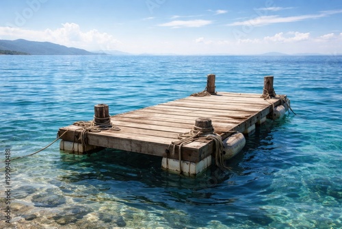 Serene blue sea surrounding a rustic wooden floating dock