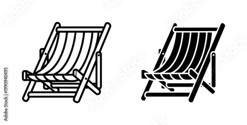 Beach Deck Chair Icon Set in Outline and Solid Style
