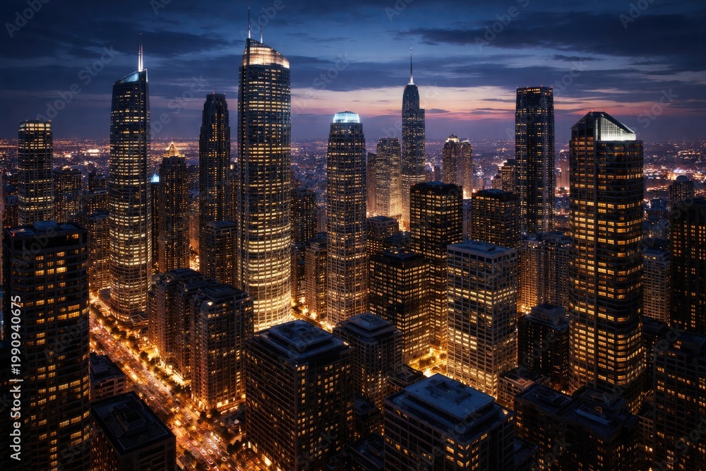 Obraz premium Modern cityscape view with skyscrapers and glowing windows