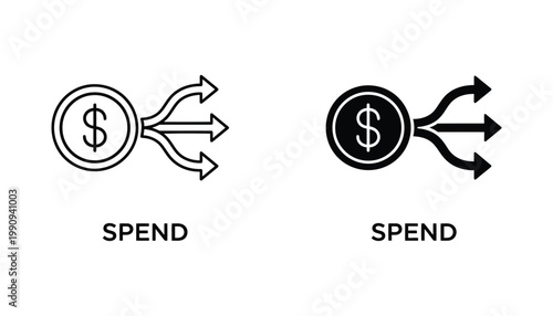 Spend money concept icon set showing dollar coin with arrows in outline and solid black style with text for financial analysis and budgeting
