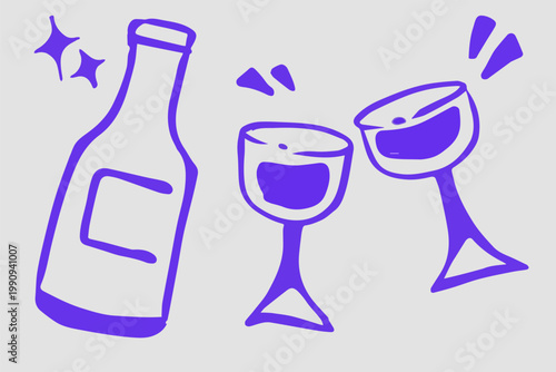 Bottle and glasses hand drawn logo vector illustration, Created in a hand-drawn style, the lines are organic, slightly imperfect, and expressive.