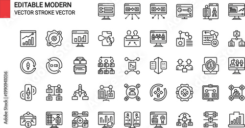 Business analytics and enterprise management line icon set featuring dashboards charts workflow collaboration metrics and reporting